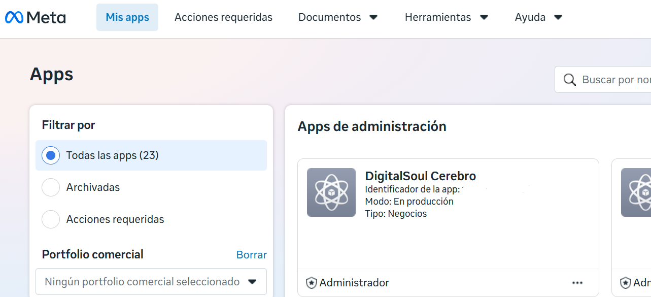 Panel de Meta donde se gestionan las aplicaciones que pueden conectar un número de WhatsApp Business